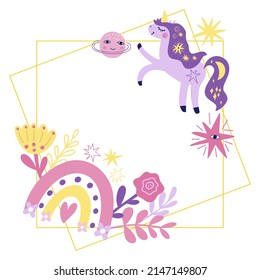 A beautiful frame of unicorn, stars, rainbow, flowers and leaves. Vector graphics for the design of posters, cards, greetings, prints for t-shirts, mugs, pillows, phone cases.