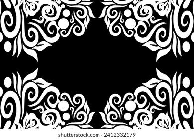 Beautiful frame white flowers line art pattern of indonesian culture traditional tenun batik ethnic dayak ornament black background 