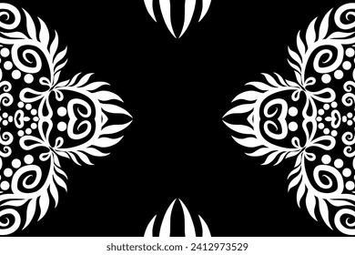 Beautiful frame white flowers line art pattern of indonesian culture traditional tenun batik ethnic dayak ornament black background 