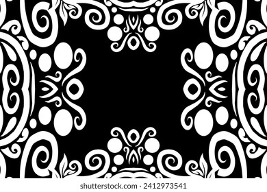Beautiful frame white flowers line art pattern of indonesian culture traditional tenun batik ethnic dayak ornament black background 