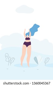 Beautiful Free Happy Girl with Long Wavy Hair Blown by Wind in Swimming Suit Standing Hold Hands Up Flat Card Banner Template Woman Power Motivation Feminist Concept Vector Floral Style Illustration