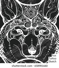 Beautiful freehand fox tattoo sketch, elegant graphic hand drawn art of fox face with dream-catcher with feathers, floral patterns illustration.