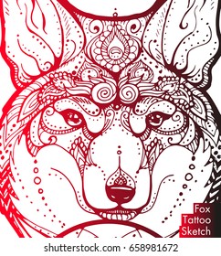 Beautiful freehand fox tattoo sketch, elegant graphic hand drawn art of fox face with dream-catcher with feathers, floral patterns illustration.