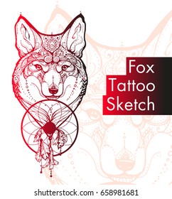 Beautiful freehand fox tattoo sketch, elegant graphic hand drawn art of fox face with dream-catcher with feathers, floral patterns illustration.