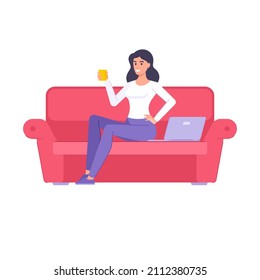 Beautiful freelancer woman enjoying break drinking tea coffee sitting on couch with mug vector flat illustration. Happy business female student working studying remotely online education use laptop