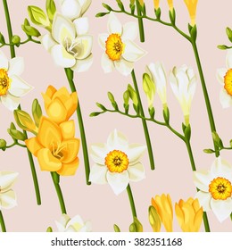 Beautiful freesia and daffodil vector seamless background