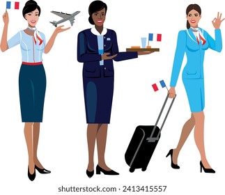 Beautiful french airlines stewardesses in uniform with france flag with tray of food with airplane with suitcase showing gesture everything is ok Vector