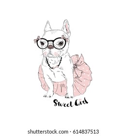 beautiful french bulldog girl dressed up in ballerina skirt, hand drawn graphic, animal illustration