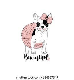 beautiful french bulldog girl dressed up in ballerina skirt, hand drawn graphic, animal illustration