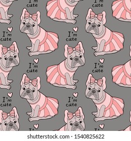 Beautiful French bulldog in a pink skirt on a pink background seamless pattern