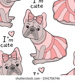 Beautiful French bulldog in a pink skirt on a pink background seamless pattern