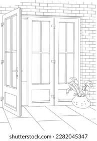 Beautiful French Door Front Black and White Vector Line Art