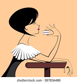 Beautiful French girl eating a macaroon. Stylish woman sitting in a cafe. French cafe. Restaurant in Paris. Vector illustration
