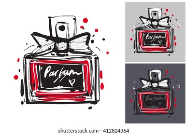 Beautiful french perfume vector hand drawn fashion sketch. Label with glamour vogue french perfume. Isolated element on white, gray and black background. Fashion vector illustration.