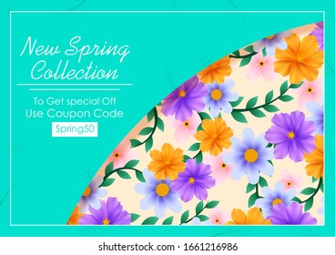 Beautiful fresh flower on floral spring sale background for advertisement and promotion banner in vector