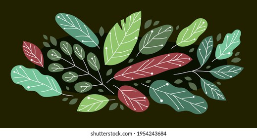 Beautiful fresh green leaves flat style vector illustration over rark, floral composition drawing, botanical design.