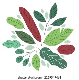 Beautiful fresh green leaves flat style vector illustration isolated on white, floral composition drawing, botanical design.