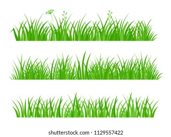 Beautiful Fresh Green Spring Grass 
Set of Borders for Use as Design Elements Isolated on White Background. Cartoon Style Vector Illustration