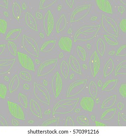 Beautiful fresh hand drawn leaves floral pattern. Made with ink pen. Light green colors neon on grey background. Perfect for wrapping paper, textile or fabrics.