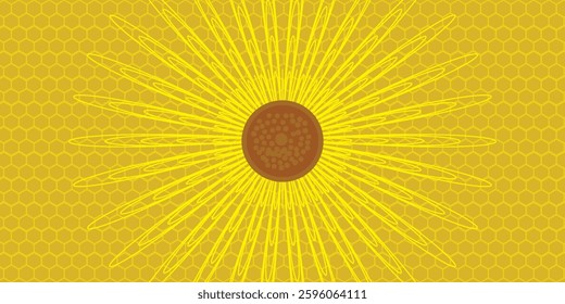 Beautiful fresh sunflowers with leaves on stalk on bright yellow background. Flat lay, top view, copy space. Autumn or summer Concept, harvest time, agriculture.