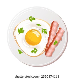 A beautiful fried egg with fresh parsley and fried bacon on a plate, perfect for any meal. Healthy eating, breakfast. Food vector illustration in realistic style for cafe, menu, sticker, design