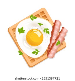 Schöne Spiegeleier mit frischer Petersilie und gebratenem Speck an einer Waffel sind ideal zum Frühstück. Gesundes Essen. Lebensmittel-Vektorgrafik im realistischen Stil für Café, Menü, Aufkleber, Design