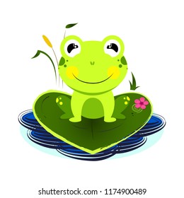 Beautiful friendly cartoon frog standing on a leaf. Nature background.