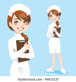 Beautiful friendly and confident nurse smiling holding clipboard