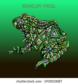 Beautiful frog, hand-drawn. Gold decoration in the form of a frog with precious stones.