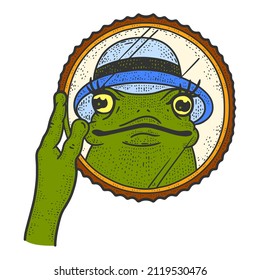 Beautiful frog in a hat looks in the mirror. Sketch scratch board imitation.