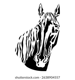 Beautiful front view horse head. Vector illustration of black horse portrait, isolated on white background. Art template and stencil silhouette for embroidery, logo, design, tattoo, laser cutting