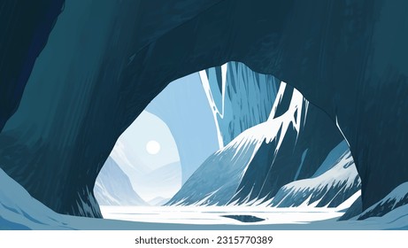 Beautiful Frozen Cave Landscape Full of Snow with The View of Moon in The Night Sky Hand Drawn Painting Illustration