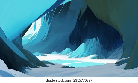 Hermoso paisaje cueva congelado lleno de nieve a mano dibujando ilustración de pintura