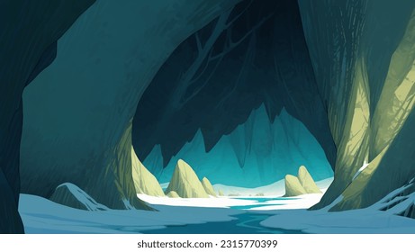 Beautiful Frozen Cave Landscape Full of Snow Hand Drawn Painting Illustration