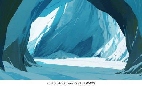 Beautiful Frozen Cave Landscape Full of Snow Hand Drawn Painting Illustration