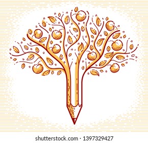 Beautiful fruit apple tree with pencil combined into a symbol, creativity and ideas concept vector linear style logo or icon. Art and design conceptual allegory.