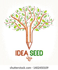 Beautiful Fruit Apple Tree With Pencil Combined Into A Symbol, Idea Seed Concept Vector Classic Style Logo Or Icon. Strong Thoughts Virus Idea Allegory.