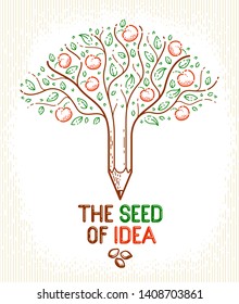 Beautiful fruit apple tree with pencil combined into a symbol, Idea seed concept vector classic style logo or icon. Strong thoughts virus idea allegory.