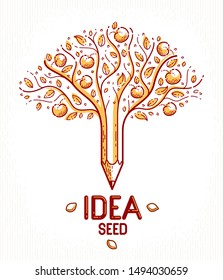 Beautiful fruit apple tree with pencil combined into a symbol, Idea seed concept vector classic style logo or icon. Strong thoughts virus idea allegory.