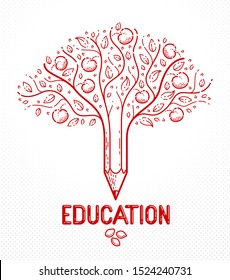 Beautiful fruit apple tree with pencil combined into a symbol, education concept vector linear style logo or icon. The seeds and the fruits as the consequences.