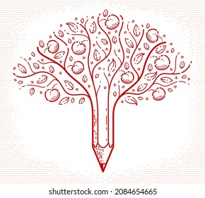Schöner Apfelbaum mit Bleistift kombiniert zu einem Symbol, Kreativität und Ideen Konzept Vektorlinelogo oder Symbol. Kunst und Design konzeptuelle Behauptung.