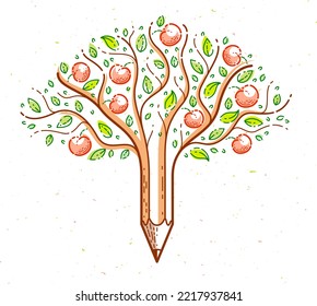 Beautiful fruit apple tree with pencil combined into a symbol, creativity and ideas concept vector linear style logo or icon. Art and design conceptual allegory.