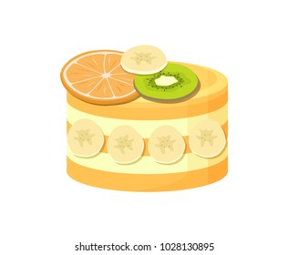 Beautiful fruit cake poster with fresh orange and kiwi on the top of it and yummy bananas on sides, vector illustration isolated on white background