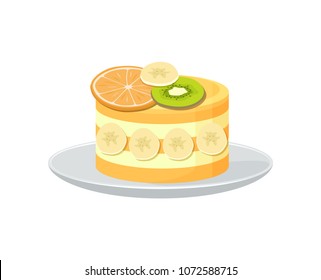 Beautiful fruit cake poster with fresh orange and kiwi on the top of it and yummy bananas on sides on plate, vector illustration isolated on white background