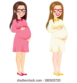 Beautiful full body illustration of pregnant woman touching her belly smiling