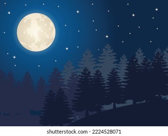 beautiful full moon with forest view. vector illustration background, landscape