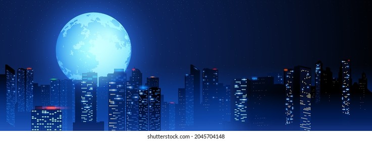 Beautiful full moon on cityscape, urban landscape vector illustration - Shutterstock ID 2045704148