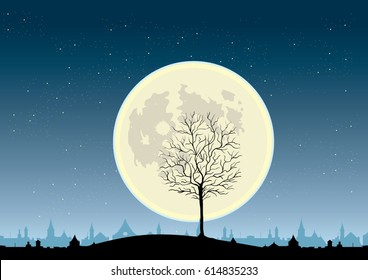 Beautiful full moon over sleeping city and leafless tree illustration
vector cityscape, nature, night time, downhill