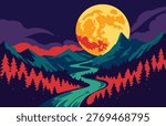 beautiful full moon sky shining bright between the mountain, the forest and the river nature landscape view background flat color vector illustration template design