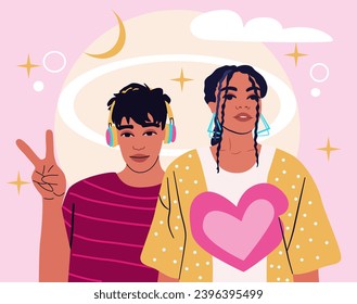 Beautiful funky couple in fashionable neon coloured outfit. Teenage love portrait. Freedom gesture.